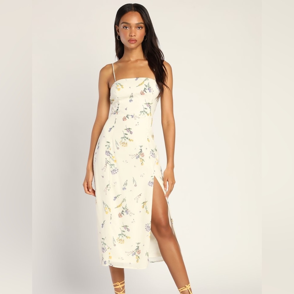 NWT Lulus Feel the Love Ivory Floral Print Lace-Up Midi Dress